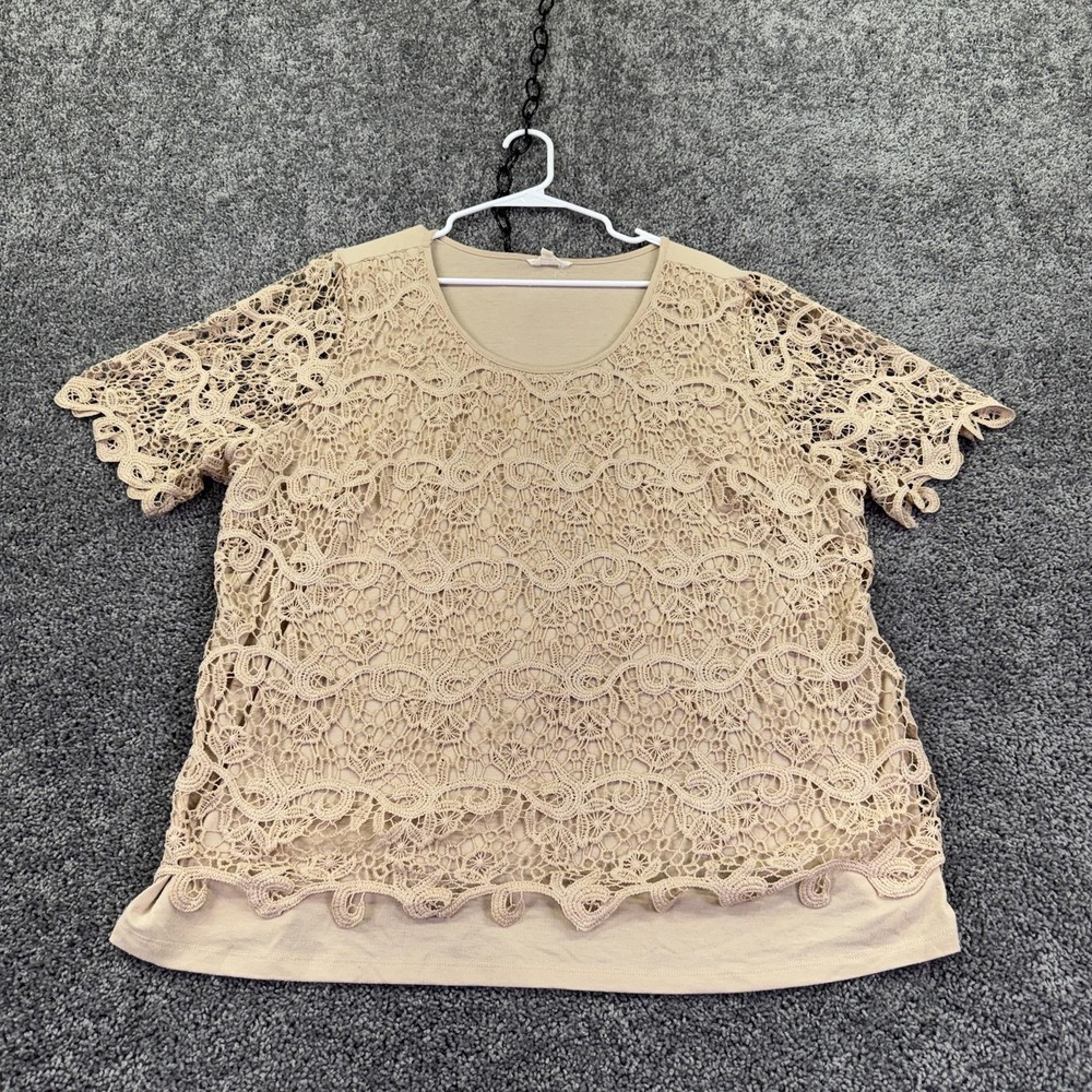 Adiva Shirt Womens 2X Beige Lace Crochet Short Sleeve Lined Boho Casual Top